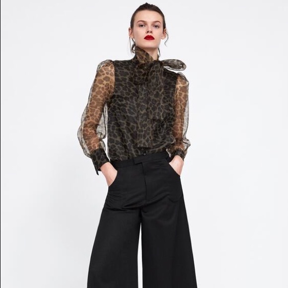 Zara ANIMAL PRINT Semi-Sheer BLOUSE W/TIE Neck LEOPARD CHEETAH BROWN/BLACK NEW - Picture 8 of 8